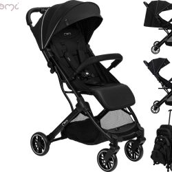 MoMi ESTELLE LIGHT otroški voziček, zložljiv, nastavljiv, streha, varnostni pas, košara, trpežna EVA kolesa, nožna zavora, 105x75x51cm, črn
