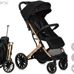 MoMi ESTELLE DAKAR Ginko 2v1 otroški voziček, zložljiv, 6,5"+10" kolesa, nastavljiva strehica in naslonjalo, kroženje zraka, ograja, varnostni pasovi, opora za noge, centralna zavora, črna, zlata