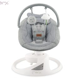 MoMi PEARL 2v1 otroški gugalnik / zibelka, električni, 360° vrtenje, Bluetooth, 5 načinov zibanja, nastavljiv časovnik, melodije, lok z igračami, varnostni pas, daljinski upravljalnik, siv (Gray)